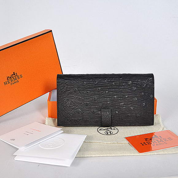 High Quality Hermes Bearn Japonaise Ostrich Leather BI-Fold Wallet H208 Black Fake - Click Image to Close